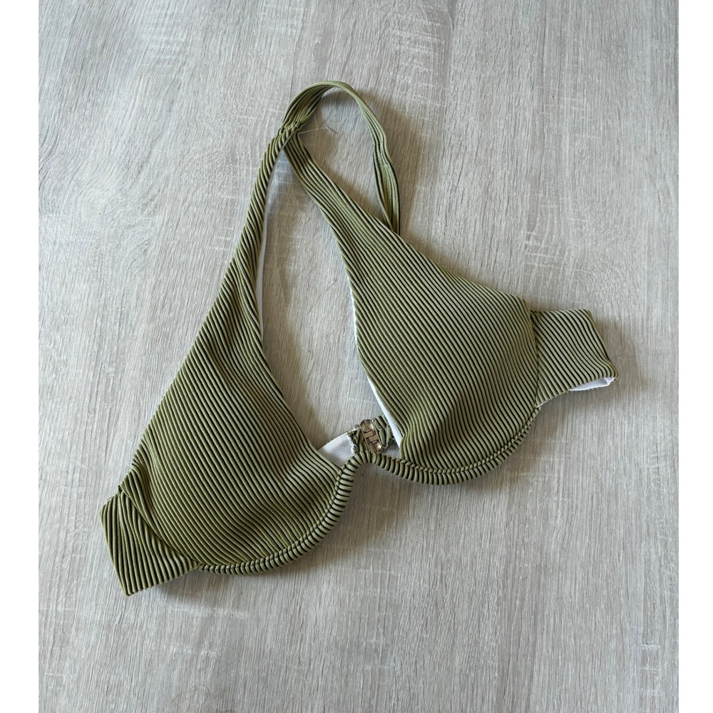 Olive Green Ribbed Underwire Halter Bikini Top Front Clasp Size M